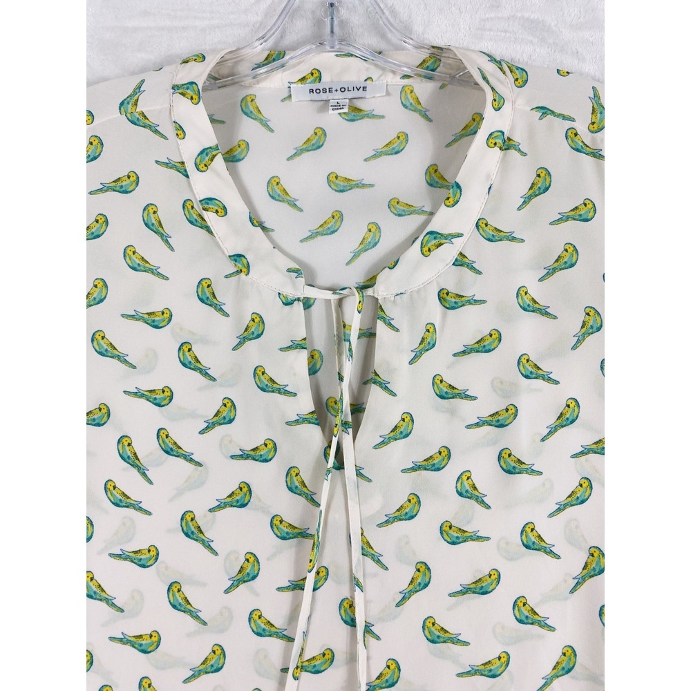2/$30 Rose + Olive Blouse Top Sz L All Over Print Parrots Semi Sheer Audubon